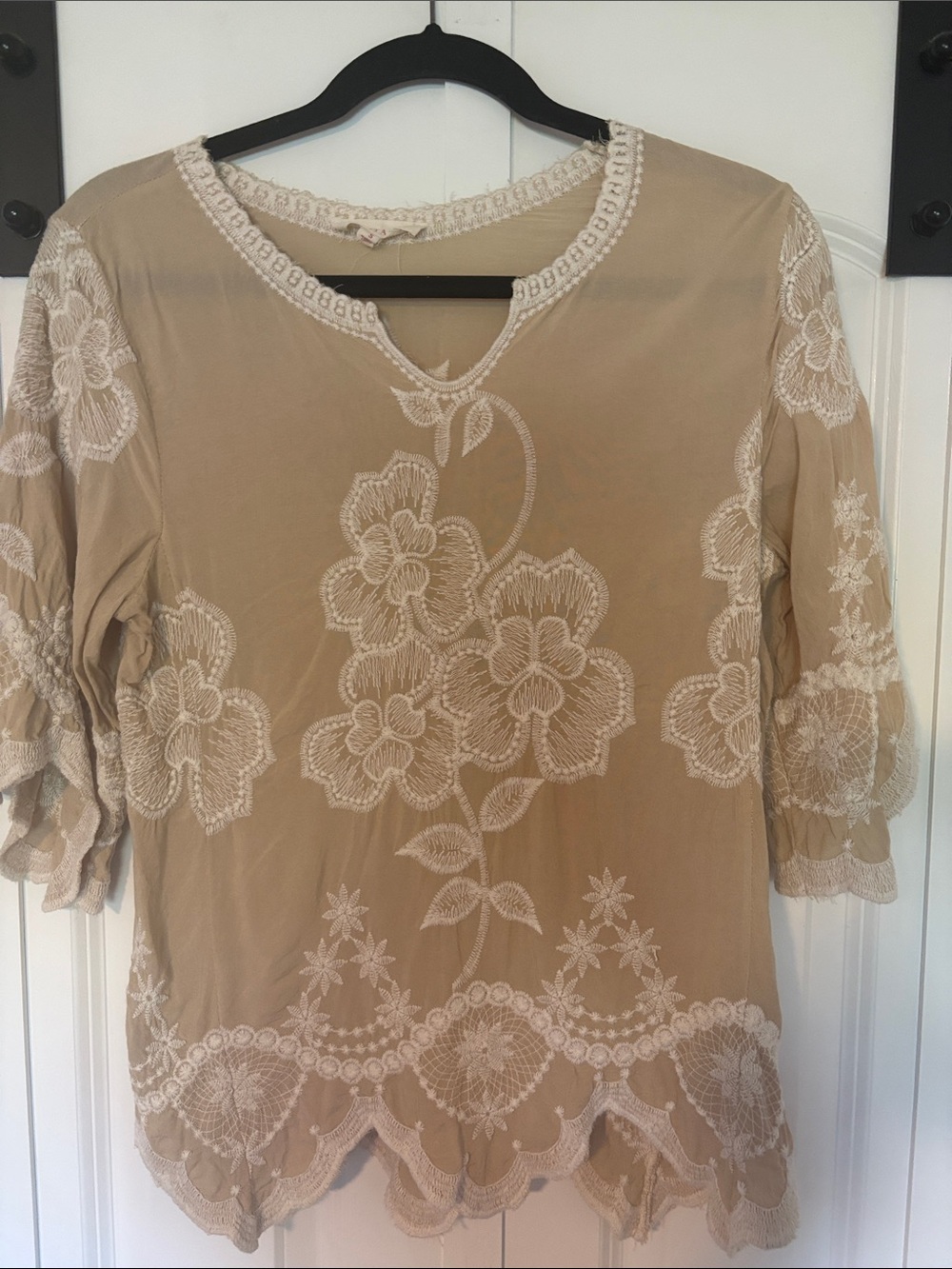 Solitaire Beige Floral Embroidered Tunic Top